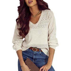 Women’s Soft V-Neck Crochet Sweater - Stylish Long Sleeve Top for All Seasons